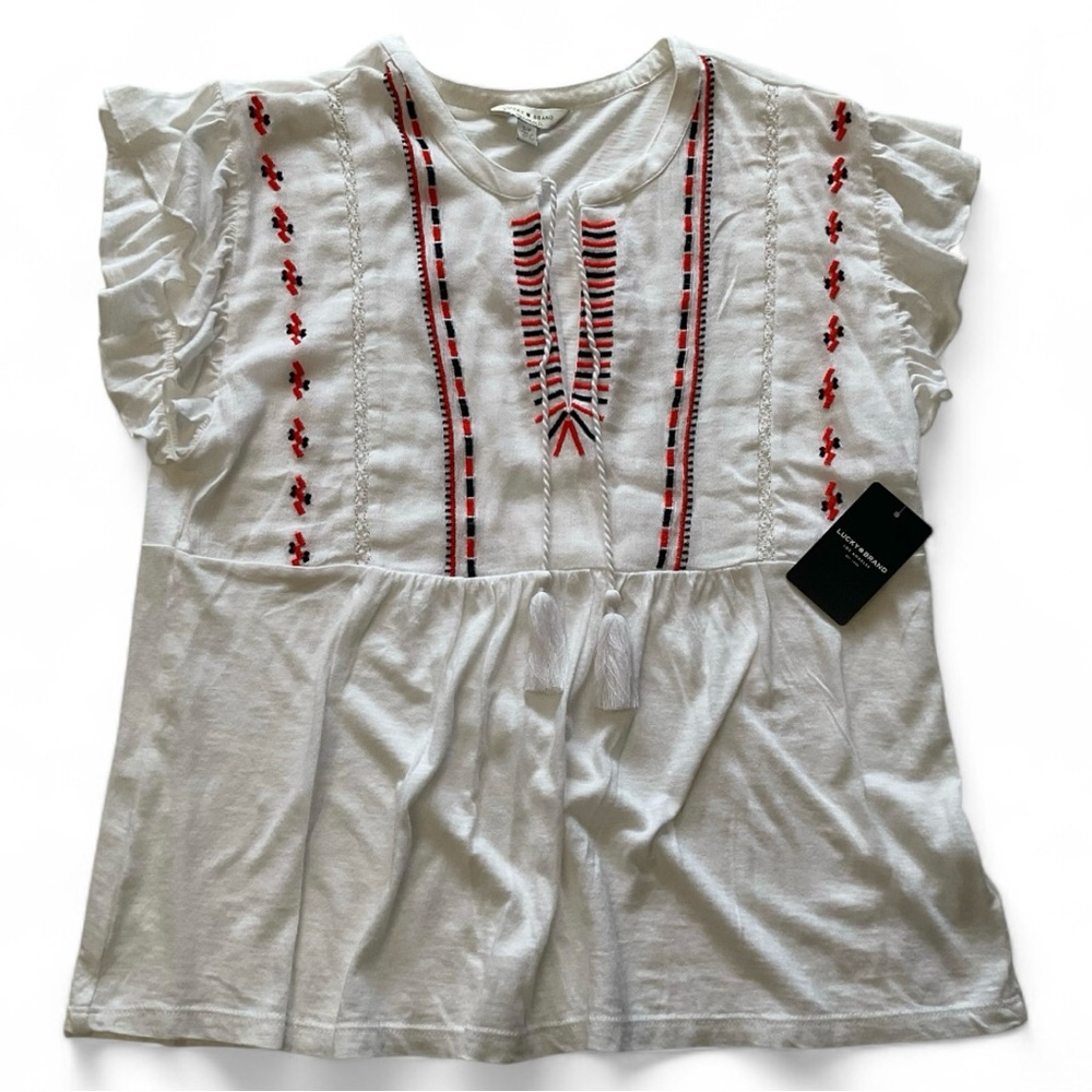LUCKY BRAND Flutter Sleeve Top Brilliant White with Embroidery Flowy Size S NEW